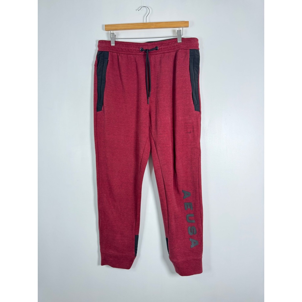 Sporty American Eagle Mens Large Jogger Pants Burgundy AEUSA Graphic Sweatpants